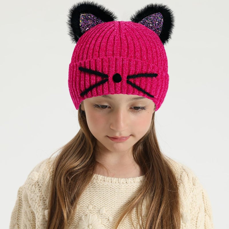 ACTLATI Kids Girls Sequin Cat Ears Hats Winter Knitted Beanie Hat for Outdoor Snow Ski Skull Cap Ages 7-12 - Image 2